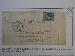 BM3 FRANCE BELLE  LETTRE 1871 ST GENIEZ POUR SEVERAC  +EMMISSION BORDEAUX  N° 46B +AFFRANC. INTERESSANT - 1870 Emission De Bordeaux