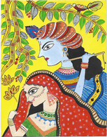 Original Painting-  Radha And Krishna- Acrylic Hand-painting On Art Paper- Indian- Madhubani Style Art Work By Neema - Acrylic Resins