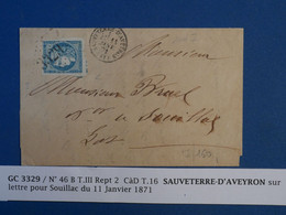 BM4  FRANCE BELLE LETTRE  1871 SAUVETERRE A SOUILLAC  + BORDEAUX N°46 B 20C +VOISIN+ + AFFRANCH.  INTERESSANT++ - 1870 Emissione Di Bordeaux