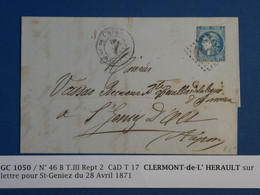 BM4  FRANCE BELLE LETTRE  1871 DECAZEVILLE A MONTAUBAN   + BORDEAUX N°46 B    20C + + + AFFRANCH.  INTERESSANT++ - 1870 Bordeaux Printing