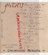 27- LES ANDELYS- MENU HOTEL DES TROIS MARCHANDS PAGNIERRE- CHAMPAGNE MERCIER 11 JUIN 1922- TURBOT POULETS TOULOUSE - Menükarten