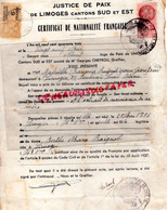 87- LIMOGES- CERTIFICAT NATIONALITE FRANCAISE JUSTICE DE PAIX -GUERRE 1939-1945-GABRIELLE FRANCOISE BAIGNOL JEANTAUD- - Documentos Históricos