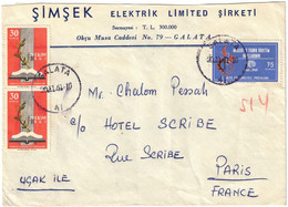 Turquie - Galata - Simsek Elektrik Limited Sirketi - Lettre Pour Hôtel Scribe Paris (France) - 20 Novembre 1961 - Storia Postale