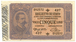 5 LIRE BIGLIETTO DI STATO EFFIGE UMBERTO I 06/08/1889 SPL+ - Sonstige