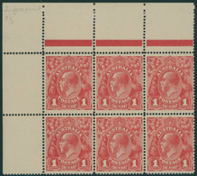 1914-20 1d Carmine Red Die I Top Left Corner Marginal Block Of Six, UM (gum Toned) Perf Separation At Top Left, Lightly  - Andere & Zonder Classificatie