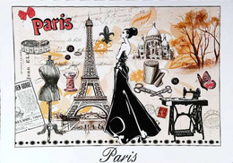 ►  PARIS Illustration  MODE Parisienne Manequin Machine à Coudre Mètre Ciseaux Bouton Tissus Lys - Mode