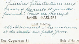 Carte De Visite De Ramir Marlière, Chef D'école, Rue Coquereau, Bois-d'Haine (1947) - Visitekaartjes