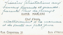 Carte De Visite De Ramir Marlière, Chef D'école, Rue Coquereau, Bois-d'Haine (1947) - Cartes De Visite