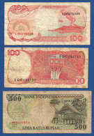 INDONESIA - Set 3 Pcs - P.122 + 127b + 128f – 100 Rupiah 1984 + 1993 + 500 R. 1997 Circulated, Serie See Photos - Indonésie