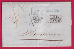 BUENOS AIRES ARGENTINE 1863 TAXE ANGLAISE 1F60 POUR BORDEAUX LETTRE COVER - Préphilatélie