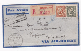 Enveloppe 1932 Par Air Orient Hanoi Tonkin , Via Saigon Marseille Pour M. Pares Perpignan - Brieven En Documenten