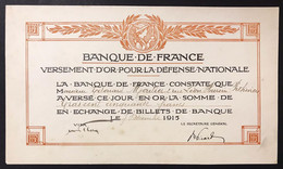 Banque De France  RECU DE VERSEMENT D'OR POUR LA DEFENSE NATIONALE - 7 DECEMBRE 1915 Lotto 4328 - Autres & Non Classés
