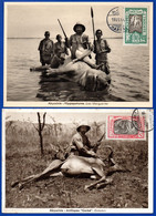 1339.ETHIOPIA.4 OLD HUNTING POSTCARDS LOT.1919 STAMPS C.T.O..HIPPOPOTAMUS, OSTRICH, WATERBOOK, ANTILOPE. - Etiopia