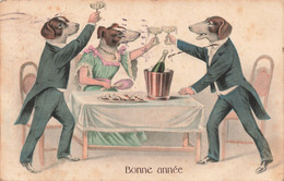 CPA - Fantaisies - Chiens Habillés Buvant Du Champagne - Bonne Année - Edit; H.H.I.W. - Oblitéré Liège 1910 - Animales Vestidos