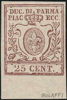 Parma 1857/59 - III^ Em. 20 C. Bruno Lilla Grandi Margini Bdf Integro Raro Lusso Certificato - Sassone N.10 - Parme