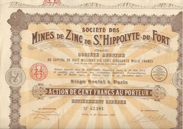 MINES DE ZING DE ST HIPPOLYTE DU FORT  - GARD -- ACTIONDE 100 FRS - -ANNEE 1927 - Bergbau