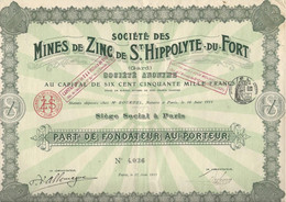 MINES DE ZING DE ST HIPPOLYTE DU FORT  - GARD -- PART DE FONDATEUR  - ANNEE 1911 - Mijnen
