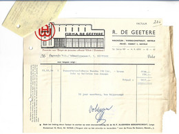 Nevele (Factuur + Waarborgbon)  *  IJzerhandel Firma De Geetere ( Vierboomstraat) Invoer Fornuizen Arnold Werk - 1950 - ...