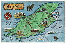 Carte Illustrée, Contour Géographique Isle Of Man, étoile Des Vents - Circulé Date Illisible, Timbre Décollé - Ile De Man