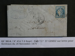 BM7  FRANCE   BELLE  LETTRE SIGNEE  1870  ST GENIEZ A BORDEAUX  + EMIS.  BORDEAUX  N°45A 20C + + AFFRANC. INTERESSANT ++ - 1870 Bordeaux Printing