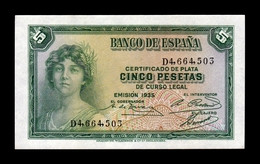 España Spain 5 Pesetas República 1935 Pick 85 Serie D Sc- AUnc - 5 Peseten