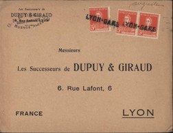 REPUBLICA ARGENTINA YT N° 281 X3 Oblitéré Lyon Gare à L'arrivée Lettre De Buenos Aires Dupuy Giraud - Covers & Documents