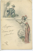 CPA Précurseur Illustration Homme  Sur Une échelle Cueillant Du Gui Et L'offrant à Une Femme 1901 - 1900-1949