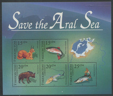 Uzbekistan:Unused Sheet Save The Aral Sea, Fishes, Lynx, Hyaena, 1996, MNH - Uzbekistan