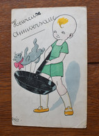 E527 Heureux Anniversaire Illustrator Oris Child Roasting A Cat 1924 - Naissance