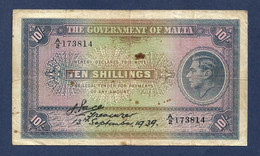 Malta 10 Shillings 1939 P13 Fine/VF - Malte