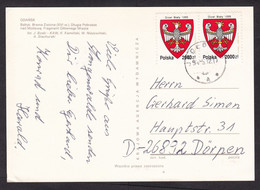 Poland: Picture Postcard To Germany, 1990s, 2 Stamps, Bird Heraldry, Inflation, Card: Gdansk (corner Crease) - Covers & Documents