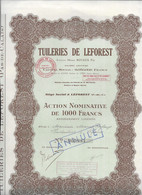 TUILERIES DE LEFOREST PAS DE CALAIS -  ACTION DE 1000 FRANCS 1930 1948, RESTE 34 COUPONS, DOCUMENT EN BONNE ETAT - Industrie