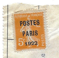 SEMEUSE 5C PREOBLITERE POSTES PARIS 1922 DEFAUT DENTELURE? - 1893-1947