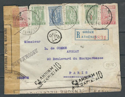 GRECE 1918 N° Usages Courants  Obl. S/lettre Avec Censure Militaire Pour Paris - Lettres & Documents