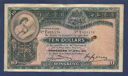 Hong Kong $10 Dollars 1941 P178c Fine+ - Hongkong