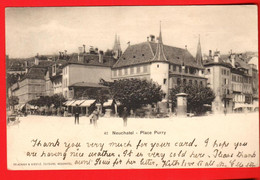 ZUJ-19  Neuchâtel Place Purry   Dos Simple. Cachet 1902 Vers Angleterre. Traces De Collage Au Dos. DN 42 - Neuchâtel