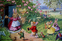 CPA ILLUSTRATEUR LAPIN RENTREE DES CLASSES . LAPINS EN RETARD . THE LATE SCHOLARS . RABBIT    OLD PC A/S Racey Helps - Geklede Dieren