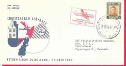 NEW ZEALAND - SPECIAL FLIGHT KLM FROM CHRISTCHURCH TO AMSTERDAM*12.OC.53* ON OFFICIAL ENVELOPE - Poste Aérienne