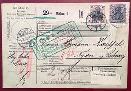 Delcampe - MAINZ1909 Mi 89 I+91 I Paketkarte>Droguerie Hermann Kaeppeli, Grande Rue Nyon VD Schweiz (Germania Colis Postal Suisse - Brieven En Documenten