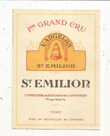 étiquette De Vin , Bordeaux, 1 Er Grand Cru, L'ANGELUS , St Emilion, Contesse De BOUARD De LAFOREST ,1940 - Bordeaux