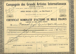 COMPAGNIE DES GRANDS ARTISTES INTERNATIONAUX -CERTIFICAT NOMINATIF D'ACTIONS DE 1000 FRS (DIVISE EN 1000 ACTIONS ) 1935 - Cinéma & Théatre