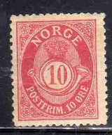 NORWAY NORGE NORVEGIA NORVEGE 1882 1893 1886 POST HORN AND CROWN 10o ROSE RED MNH - Ungebraucht