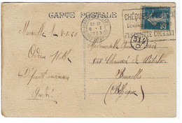 MARSEILLE GARE Bches Carte Postale Dest Belgique 25c Semeuse Bleu Yv 140 Ob 1923 Flamme Chéques Postaux Arrivée 514C - Briefe U. Dokumente