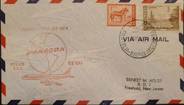 A) 1959, ARGENTINA, FIRST JET FLIGHT, PANAGRA, FROM BUENOS AIRES TO NEW JERSEY HORSE AND LAND OF FUEGO STAMPS, XF - Covers & Documents