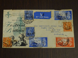 Great Britain 1951 Festival Of Britain Registered FDC To Karachi, Pakistan With MEF Stamps VF - ....-1951 Vor Elizabeth II.
