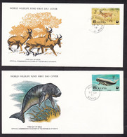 Kenya: 2x FDC First Day Cover, 1977, 1 Stamp Each, Dugong, Hartebeest, Endangered Animal, WWF Logo (traces Of Use) - Kenya (1963-...)