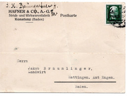 56568 - Deutsches Reich - 1927 - 8Pfg Hindenburg EF A Kte KONSTANZ -> Hattingen, Buegig - Covers & Documents
