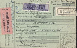 Italie Valeur Déclarée 50 000 Lire 5800 Grammes Timbre Colis Postaux N°74 + 89 + 83 Inzago 22 10 1875 Arrivée Catanzaro - Postal Parcels