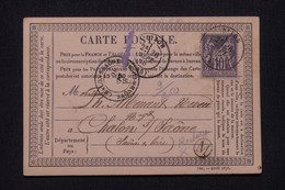 FRANCE - Carte Précurseur De Réchésy Pour Chalon/Saône En 1878, Affranchissement Sage 10ct  - L 138985 - Precursor Cards