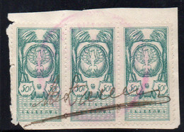 POLAND REVENUE 1919 PROVINCIAL ISSUE NORTHERN POLAND 50F GREEN PERF BF#15 STRIP OF 3  Stempelmarke Document Tax Duty - Revenue Stamps